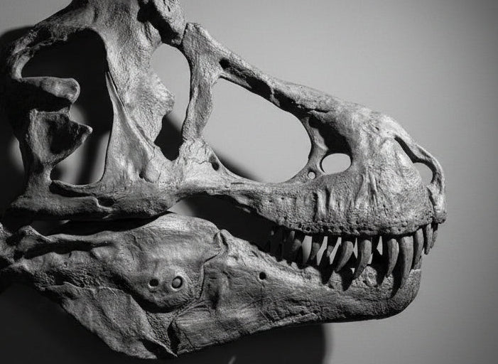 Fossilized dinosaur skull on a concrete surface