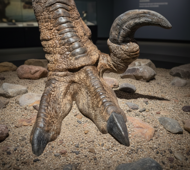 A prehistoric bird foot fossil or replica with three long toes and a curved killing claw digit, displayed on sand with rocks in a museum setting.